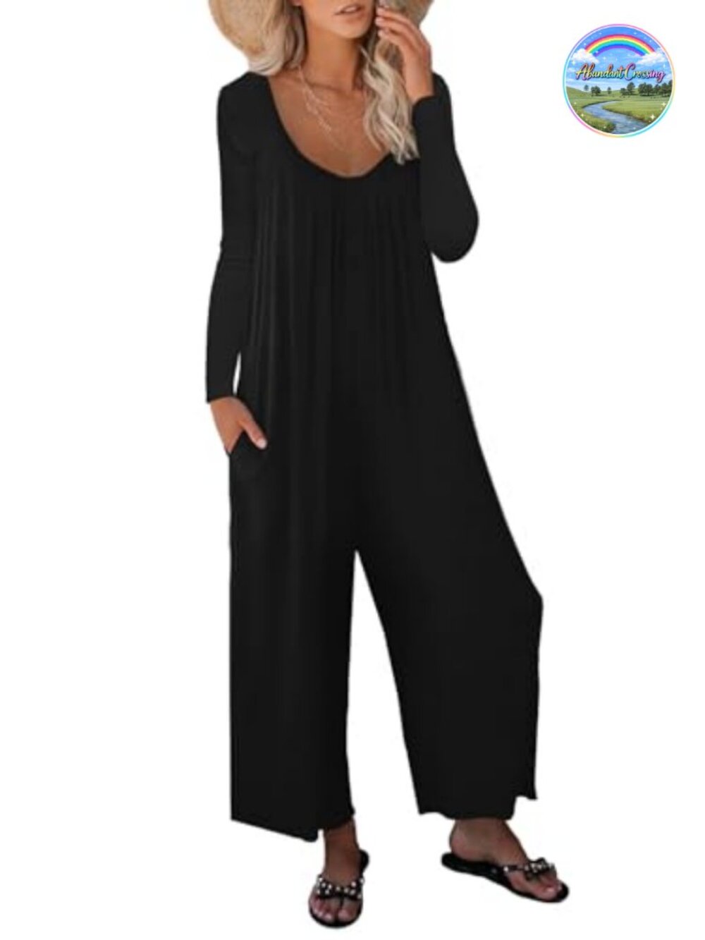 Women Casual Jumpsuit Long Sleeve V-Neck Wide Leg One Piece with Pockets